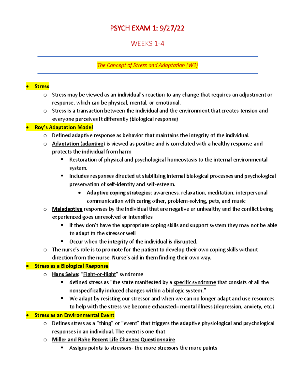 Psych EXAM 1 Study Guide - PSYCH EXAM 1 : 9 /2 7 /2 2 WEEKS 1- The ...