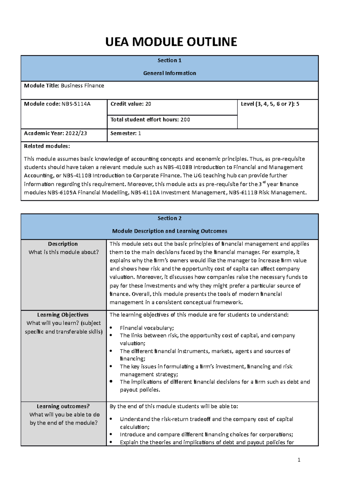 NBS-5114A Business Finance Module Outline 2022-23 - UEA MODULE OUTLINE ...