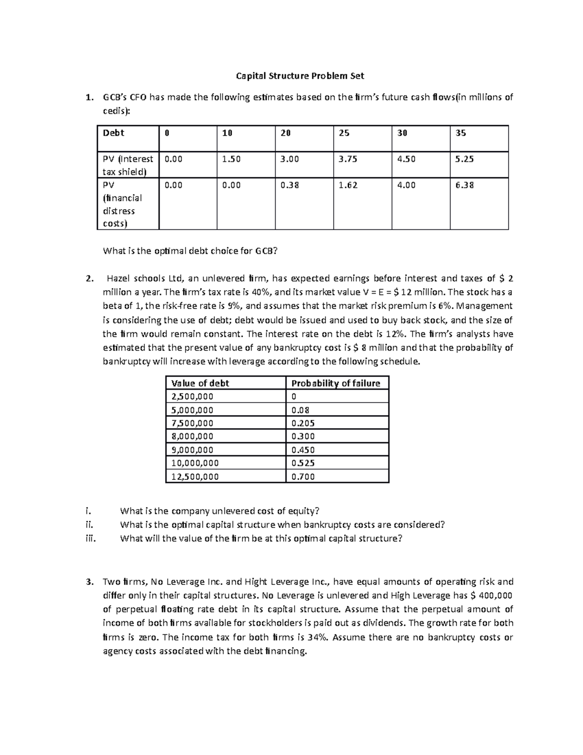 Capital Structure Problem Set - GCB’s CFO has made the following ...