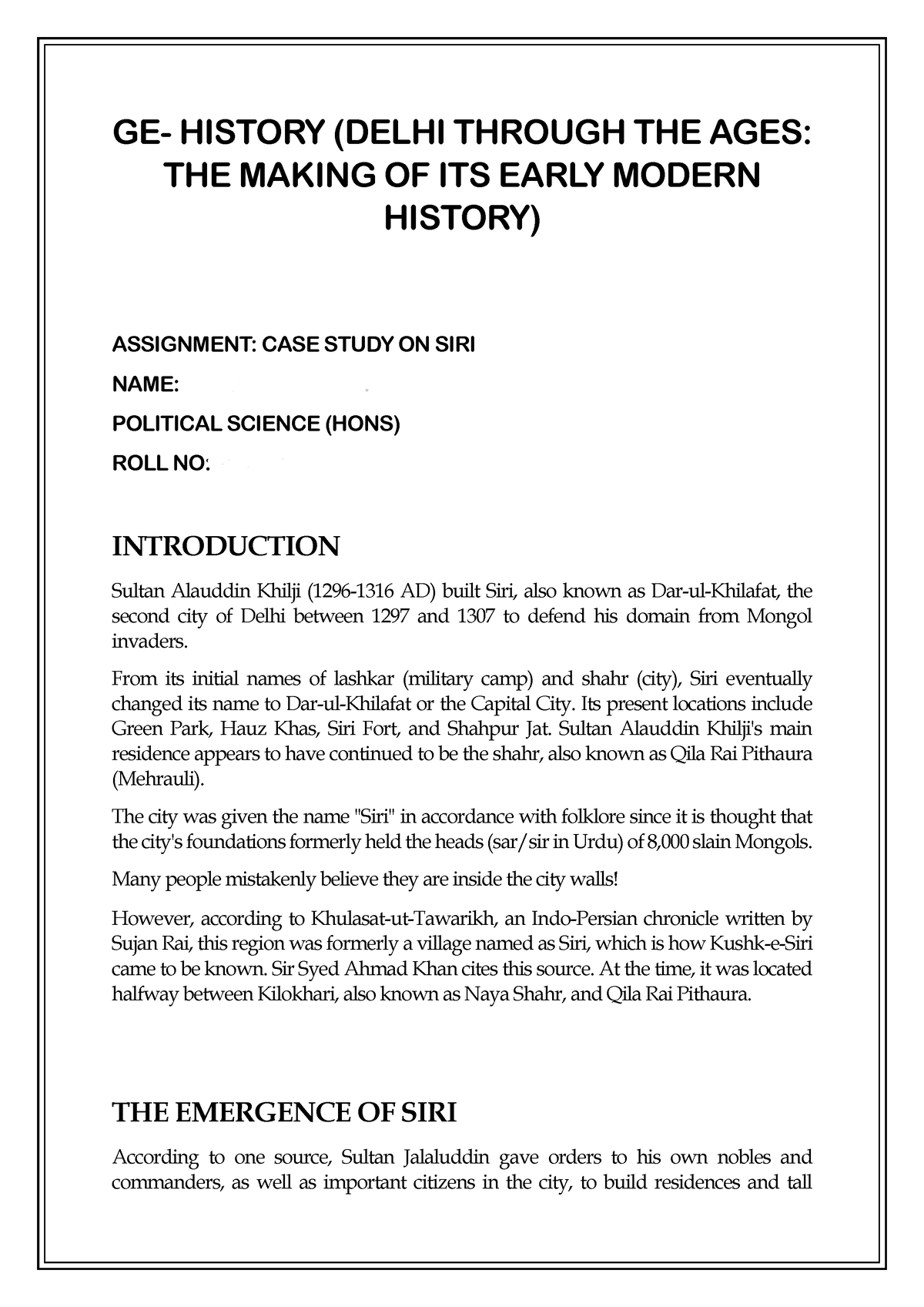 Case study on Siri - GE- HISTORY (DELHI THROUGH THE AGES: THE MAKING OF ...