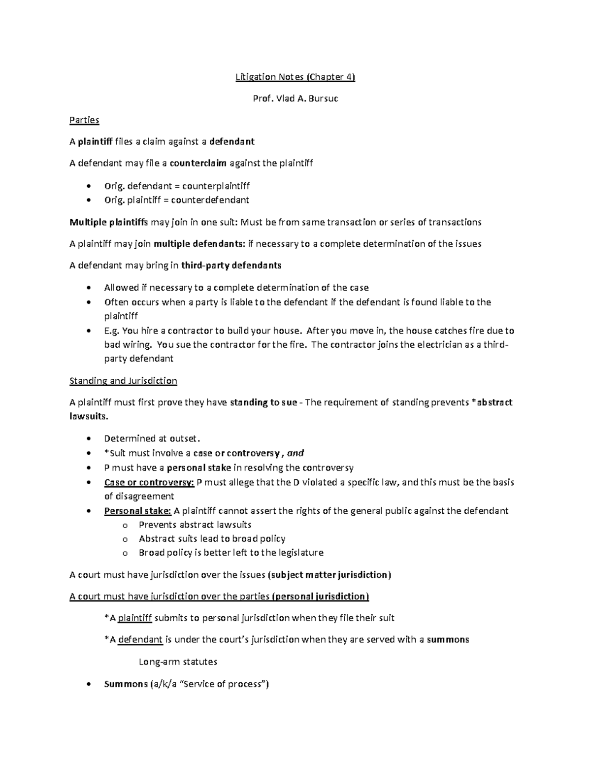 Litigation notes - Vlad A. Bursuc Parties A plaintiff files a claim ...