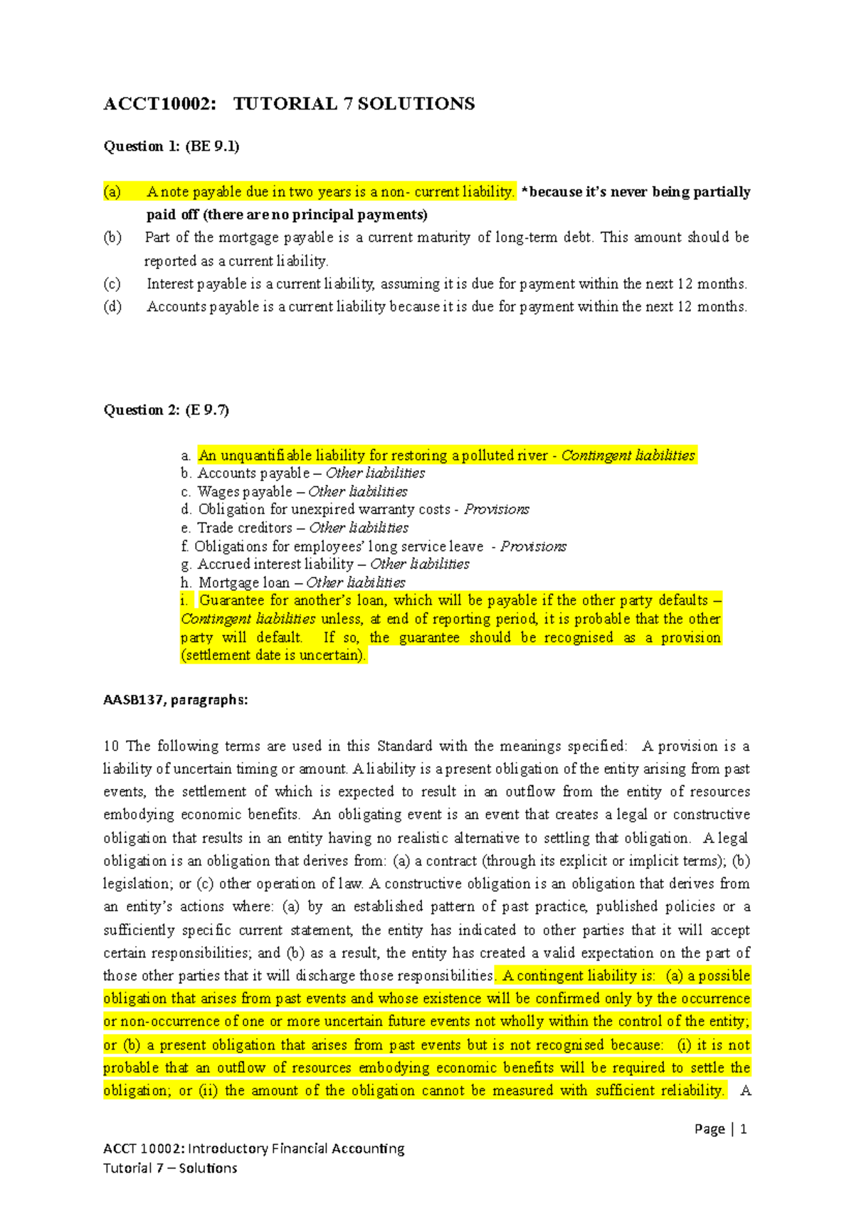 ACCT10002 Tutorial 7 Solutions Sem 2 2019 - ACCT10002: TUTORIAL 7 ...