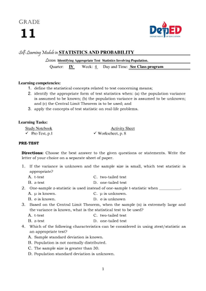 Quarter 4 Module 6 Stat - 1 Self-Learning Module In STATISTICS AND ...