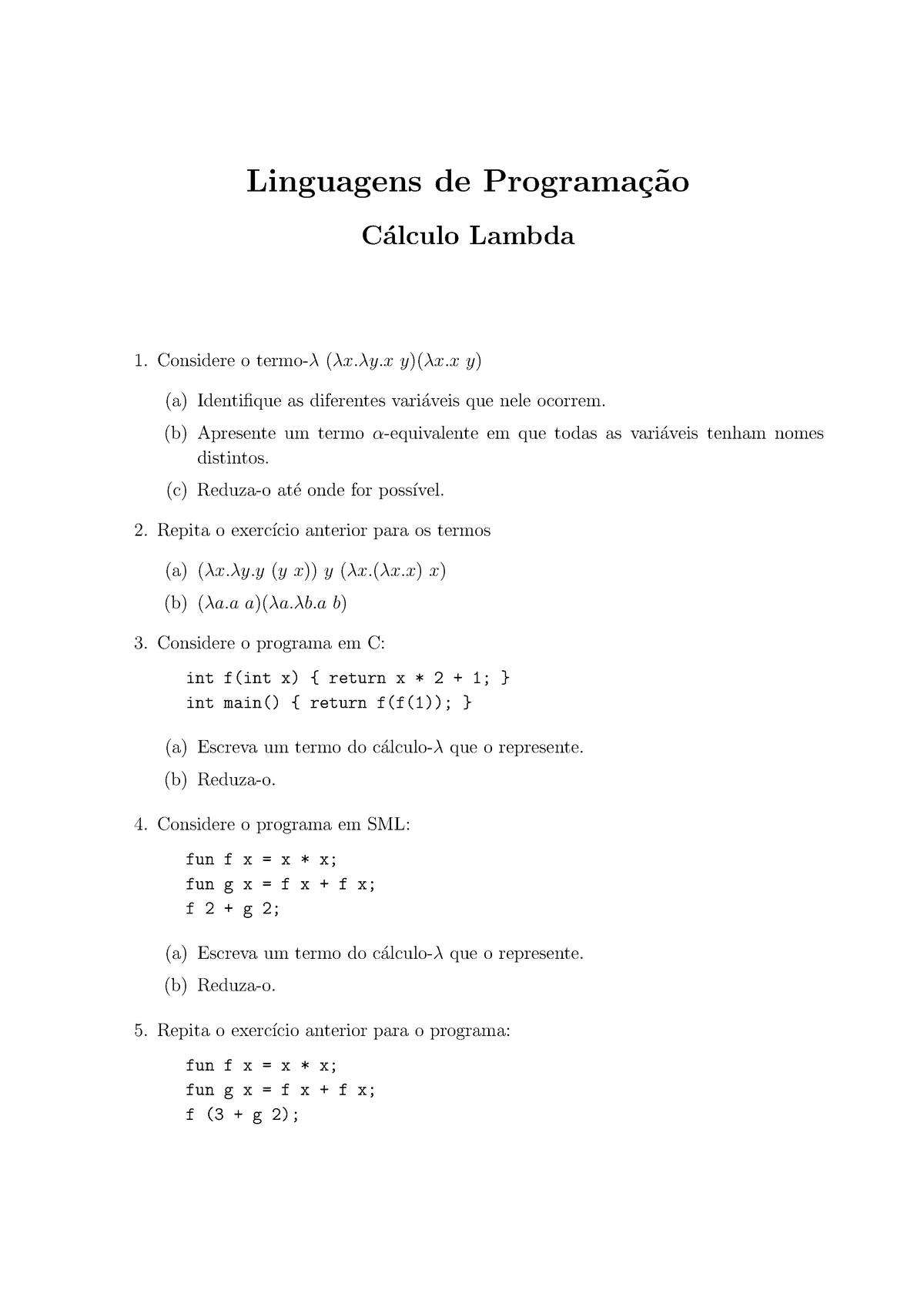 Ficha 3 - Lambda - Linguagens De Programa¸ C˜ Ao C´ Alculo Lambda 1 ...