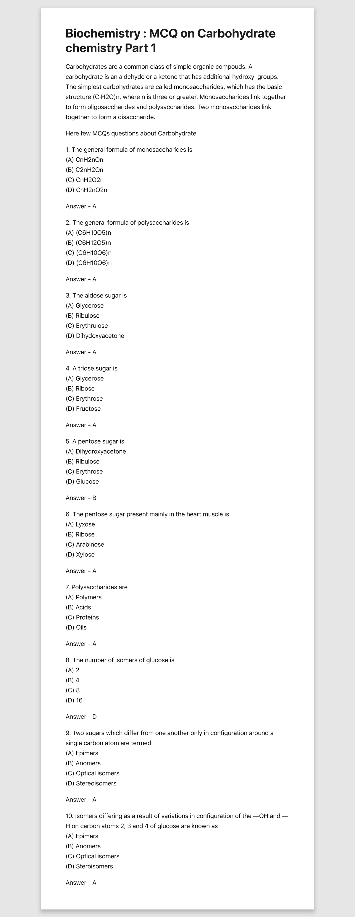 Carbohydrate Chemistry Mcq Studocu