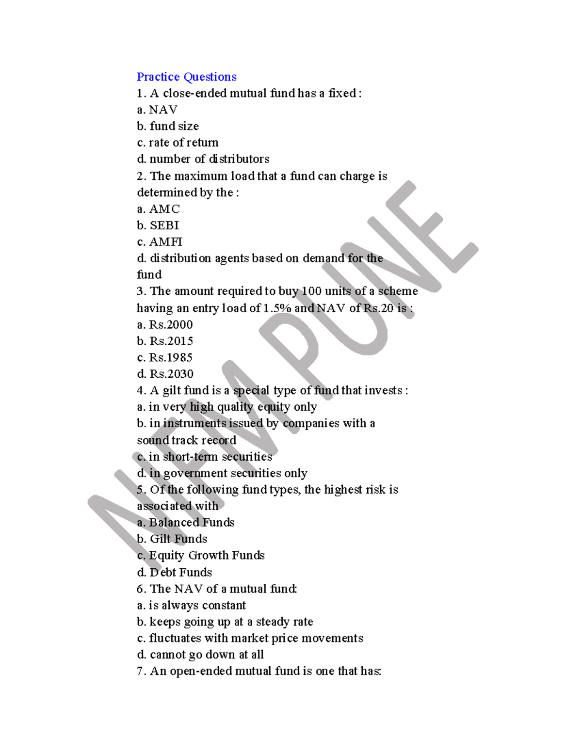MF QB ans - Practice Questions A close-ended mutual fund has a fixed ...