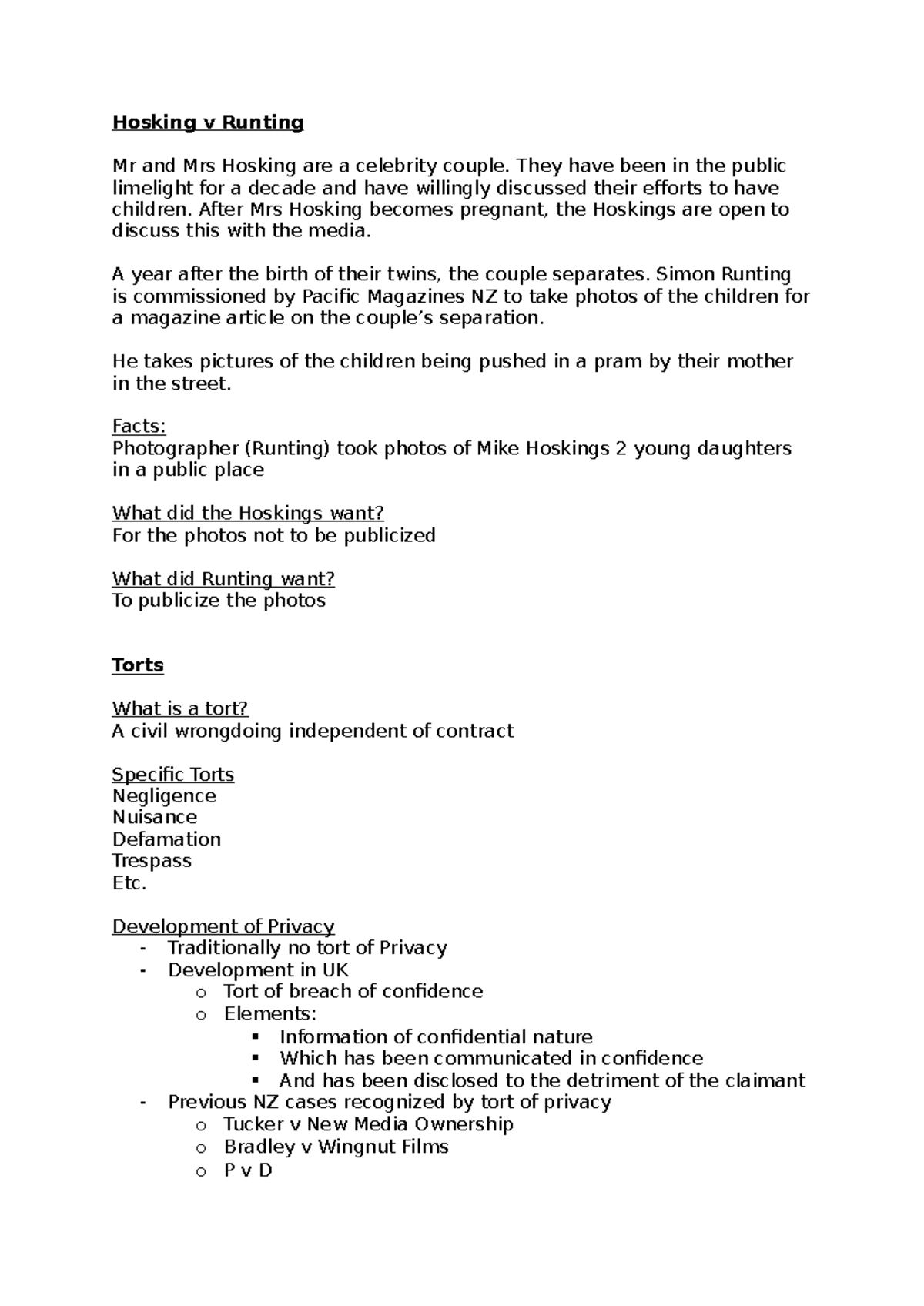 Advanced Legal Reasoning and Argument Hosking v Runting Mr and Mrs