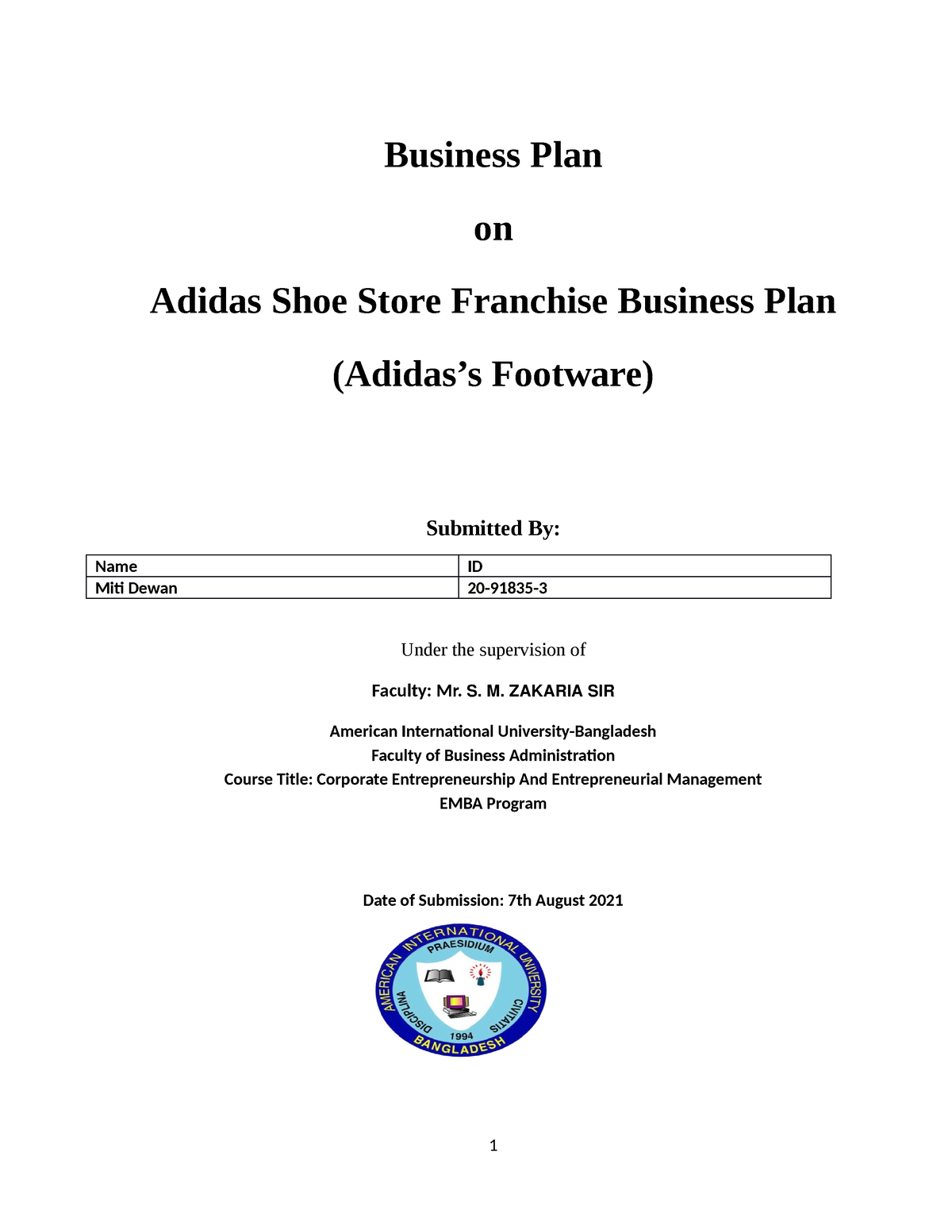 Plan on Adidas Shoe Store - Plan on Shoe Store Franchise Business Plan -