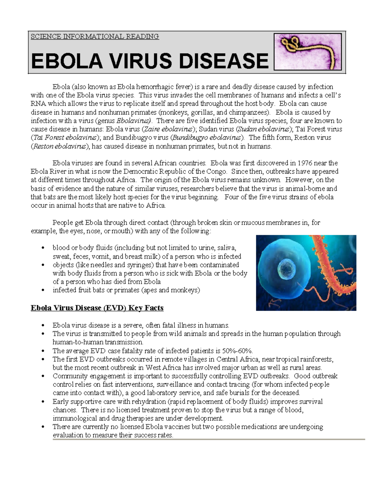 Ebola Article - SCIENCE INFORMATIONAL READING EBOLA VIRUS DISEASE Ebola ...