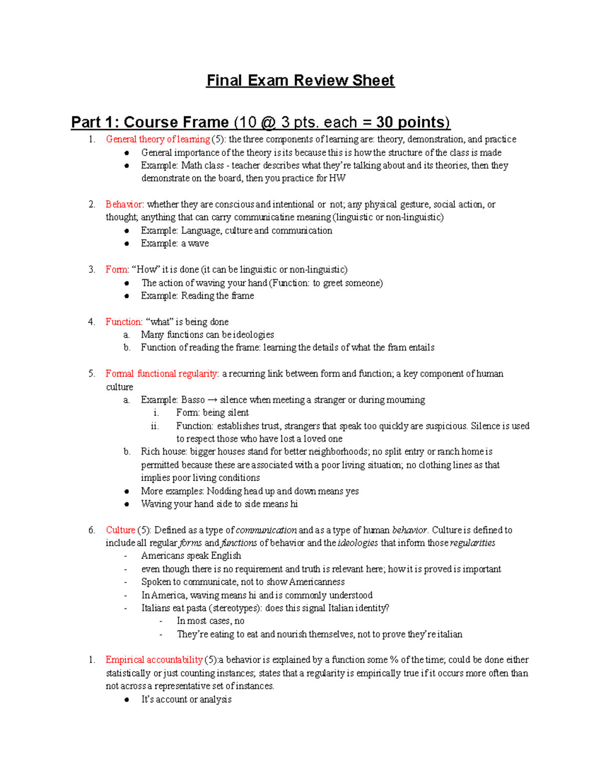 Final Review Sheet - Final Exam Review Sheet Part 1: Course Frame (10 ...