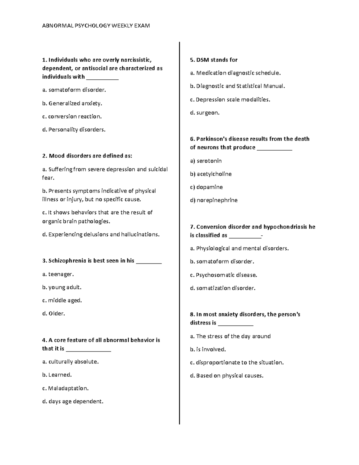 Exam 2 In Abnormal Psychology - ABNORMAL PSYCHOLOGY WEEKLY EXAM 1 ...