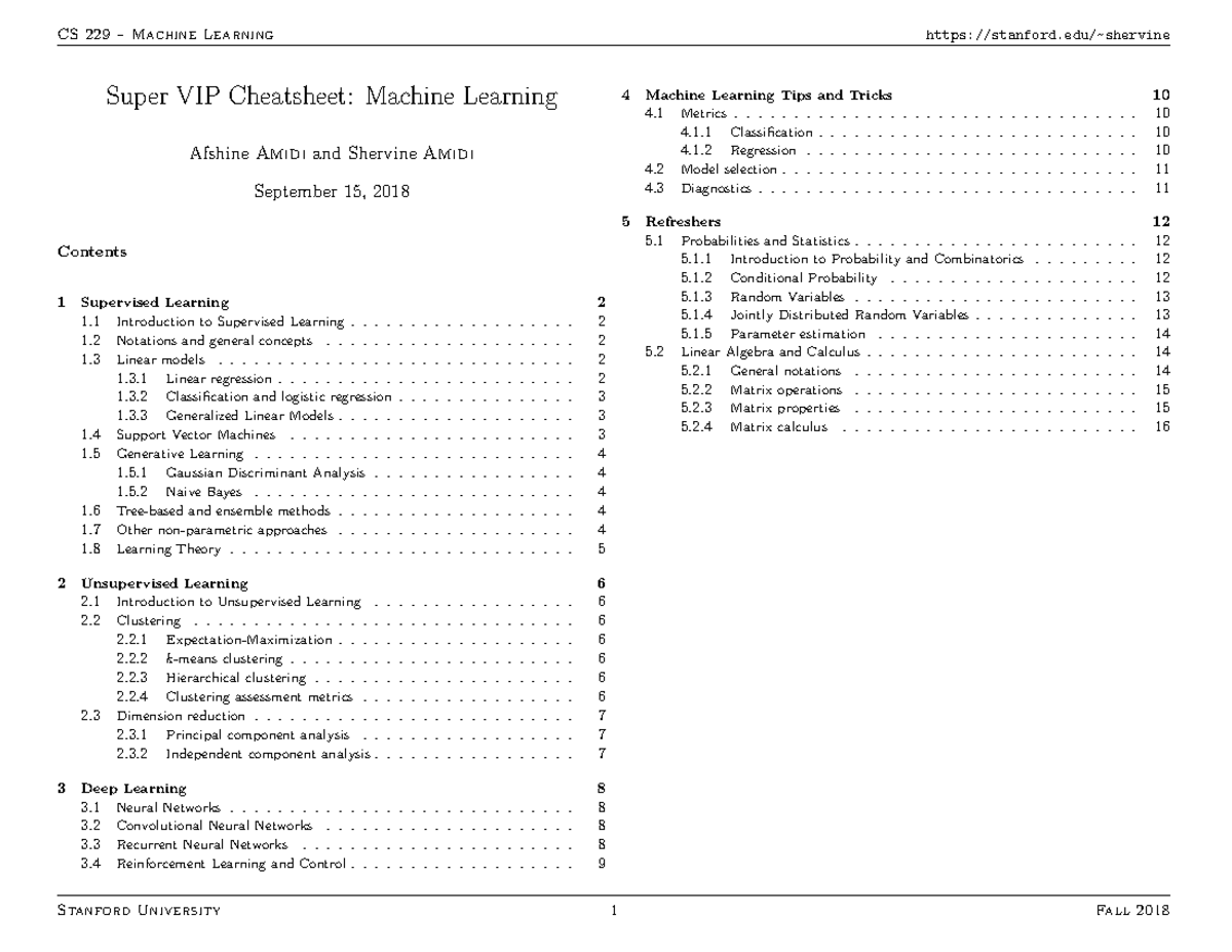 Cs229 2018 Cheatsheet - CS 229 – Machine Learning Stanford/~shervine ...