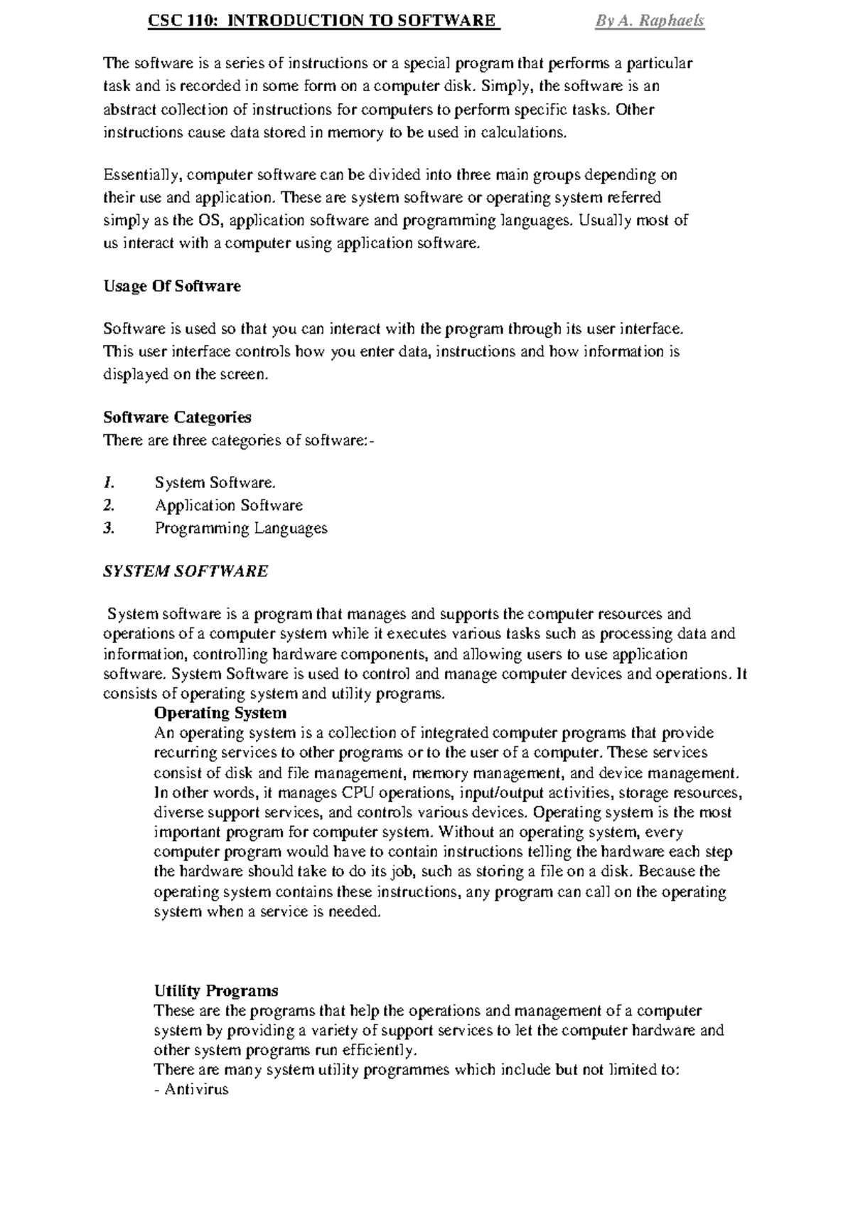 Introduction to Software - CSC 110: INTRODUCTION TO SOFTWARE By A ...