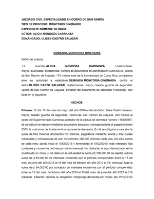 Machote de demanda monitorio dinerario - JUZGADO CIVIL ESPECIALIZADO EN  COBRO DE SAN RAMÓN TIPO DE - Studocu