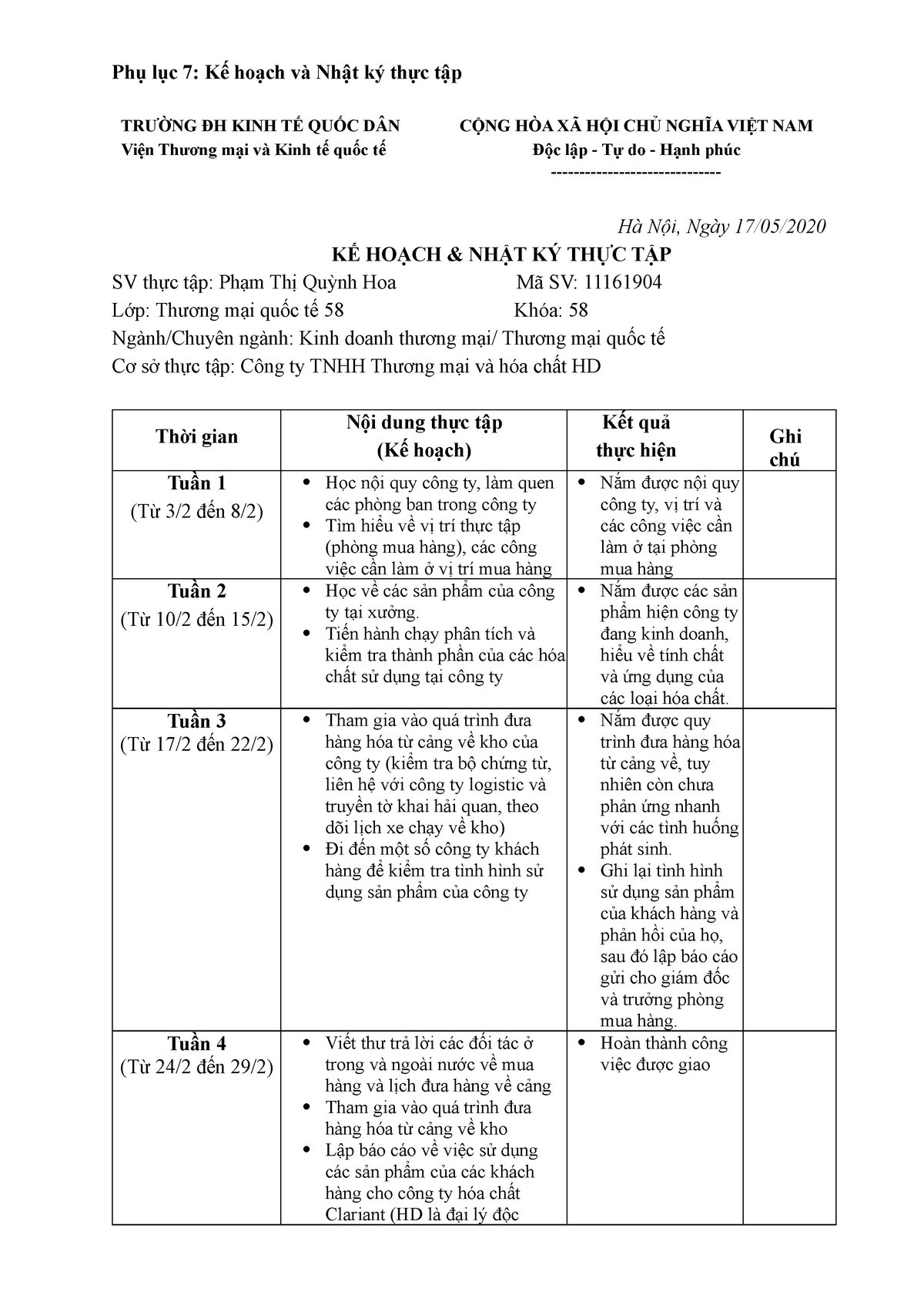 Nhật Ký Thực Tập - Phụ Lục 7: Kế Hoạch Và Nhật Ký Thực Tập Trường Đh Kinh  Tế Quốc Dân Viện Thương - Studocu