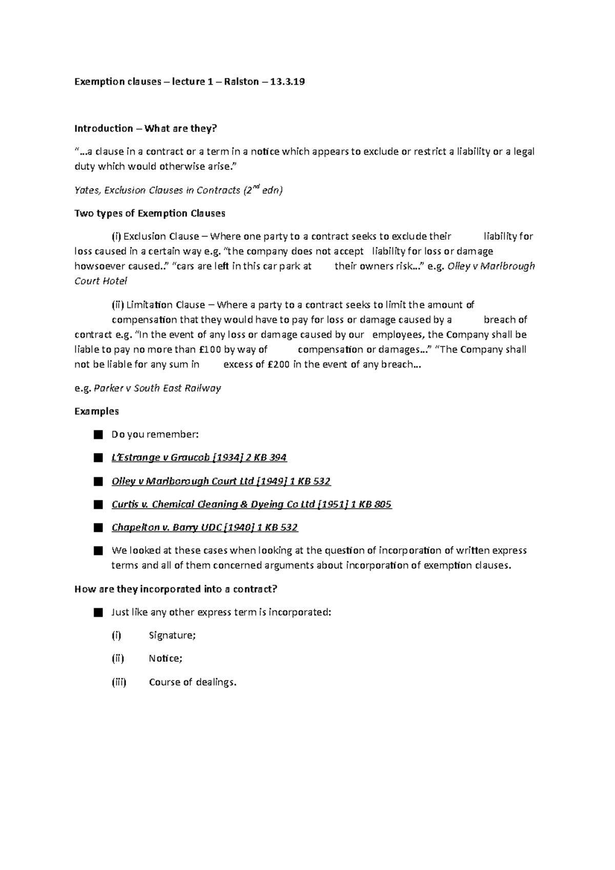 Exemption clauses with ralston 13 - Exemption clauses – lecture 1 ...