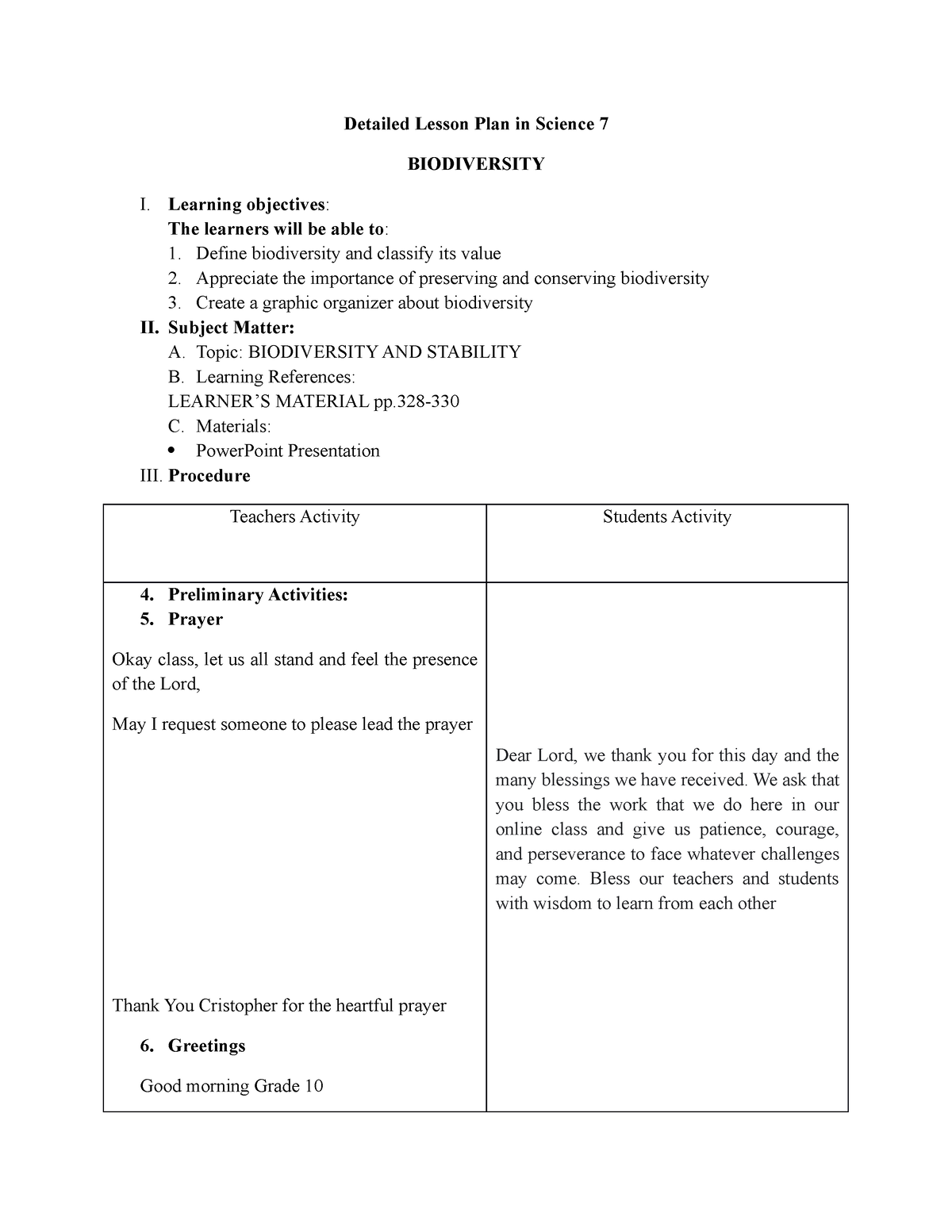 102 2 - Science - Detailed Lesson Plan In Science 7 BIODIVERSITY I ...