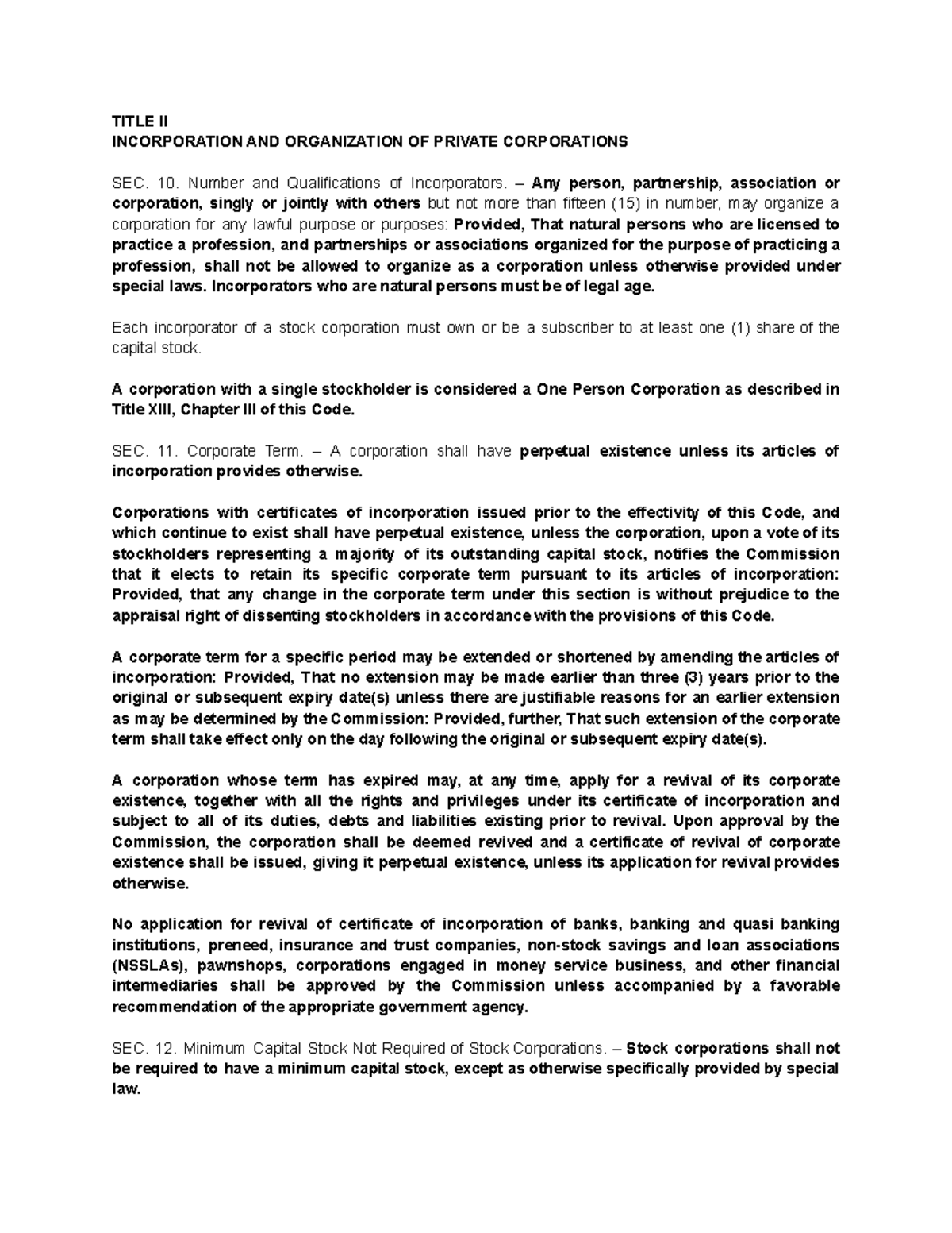 (Print) Law This is about law on corporations. TITLE II