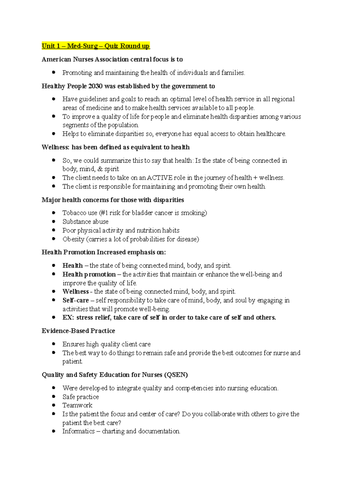 Unit 1 MedSurg Quiz Round up Unit 1 MedSurg Quiz Round up