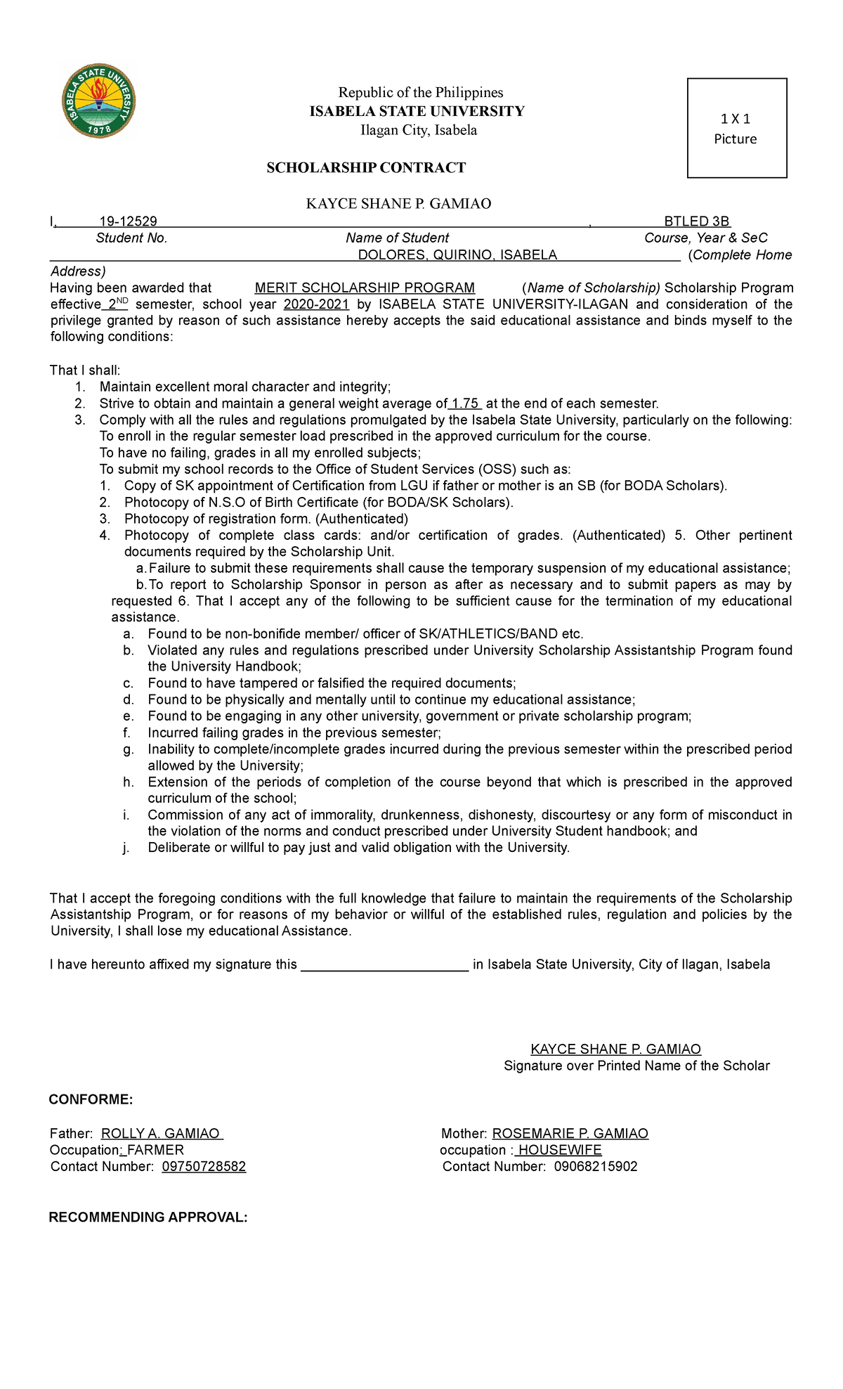 Scholarship Contract - For lesson plan - Republic of the Philippines ...