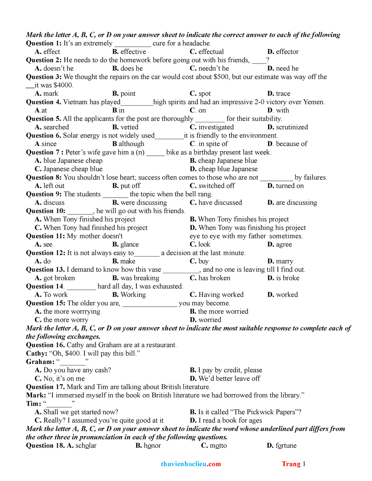 De 8 - kjbjh - Mark the letter A, B, C, or D on your answer sheet to ...