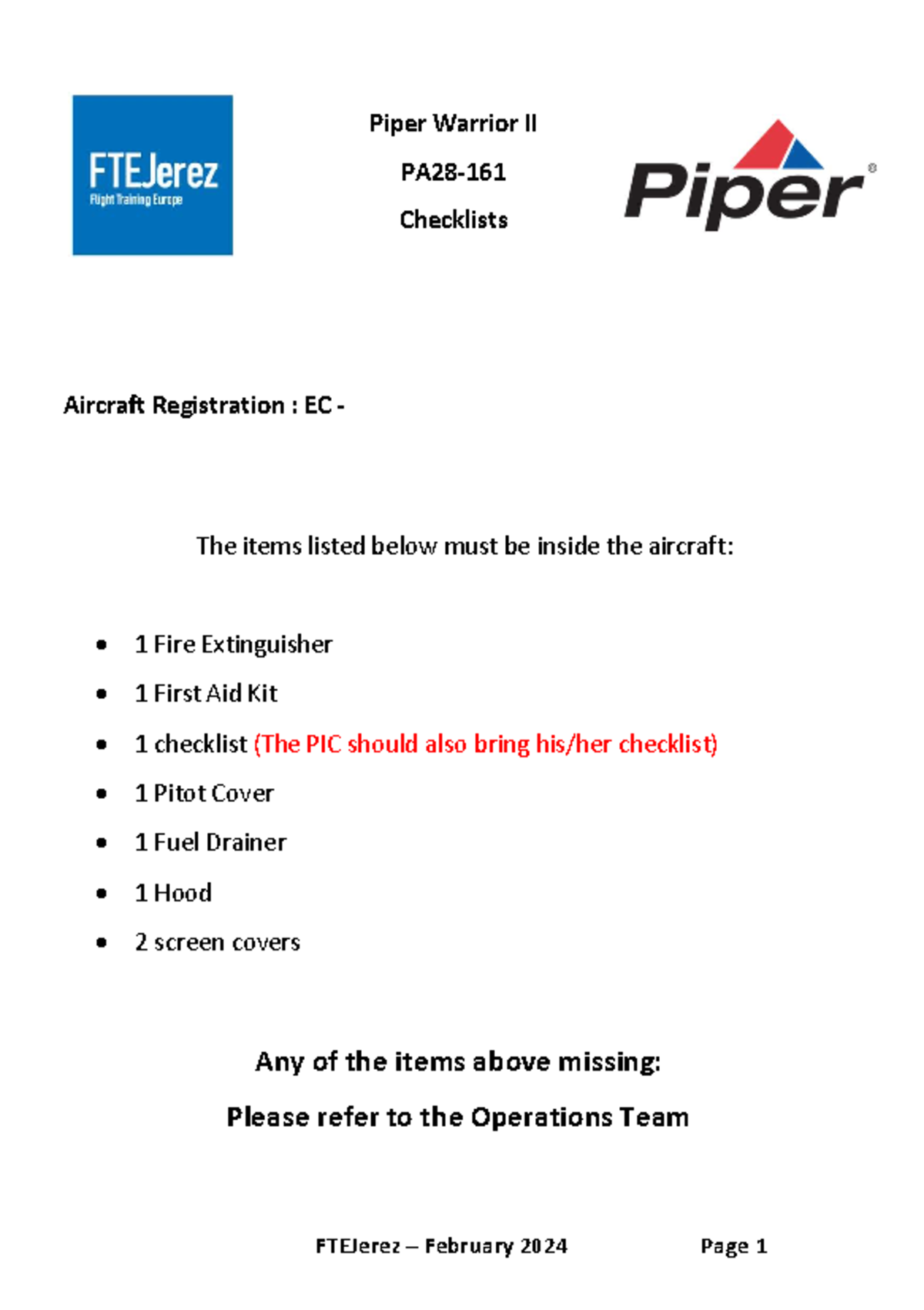 PA28 Checklist - Piper Warrior II PA28- Checklists The items listed ...