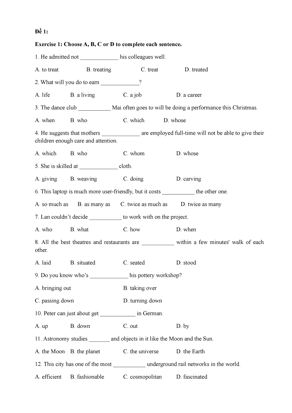 Đề 1 - For Students - Đề 1: Exercise 1: Choose A, B, C Or D To Complete ...