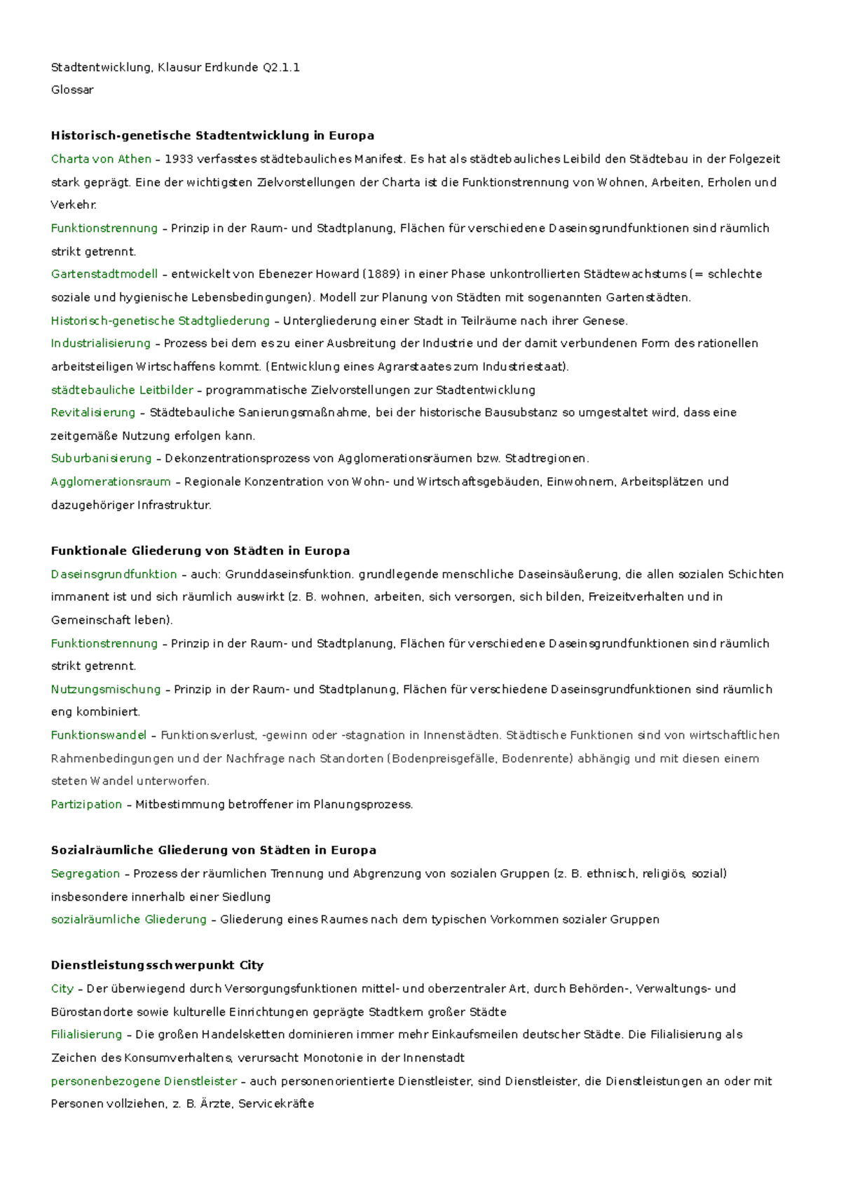 Erdkunde Klausur Stadtentwicklung Musterlösung Fachbegriffe Stadtentwicklung - Stadtentwicklung, Klausur Erdkunde Q2