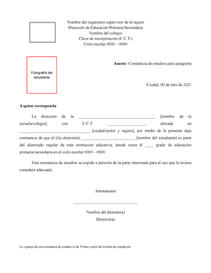 Formato de Constancia de estudios para pasaporte - Nombre del organismo  supervisor de la región - Studocu