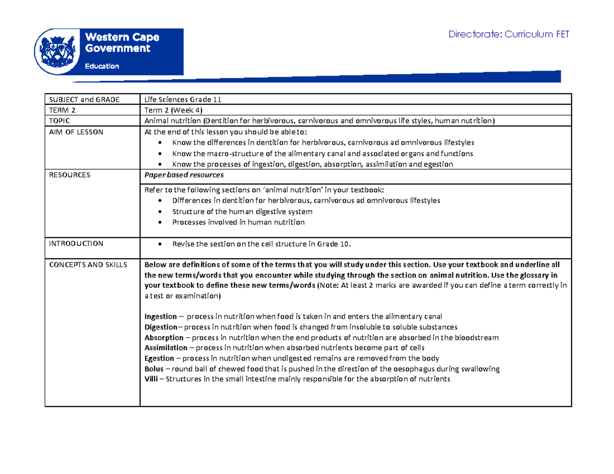 LifeSciencesGrade11Term2Week4 2020 Directorate Curriculum FET SUBJECT and GRADE Life