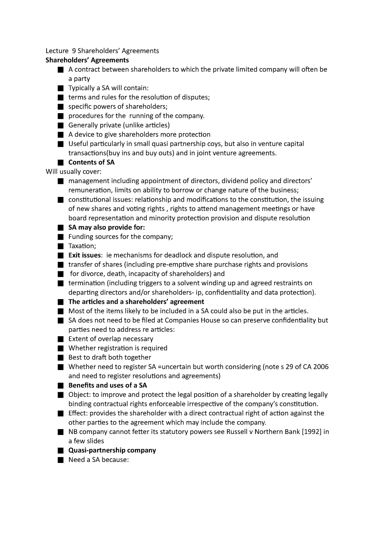 Lecture 9 Shareholders Agreement - Lecture 9 Shareholders’ Agreements ...