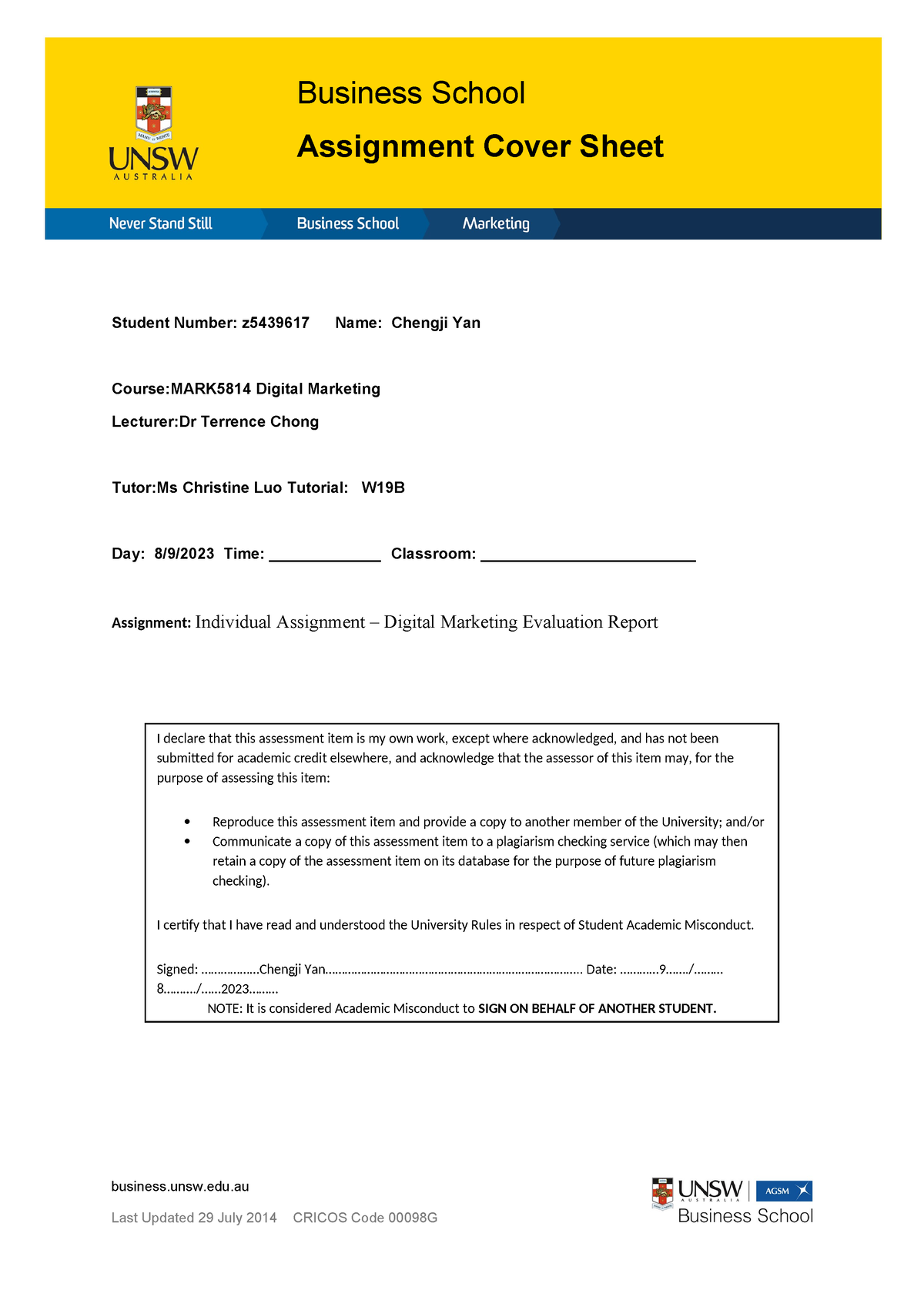 unsw assignment cover sheet