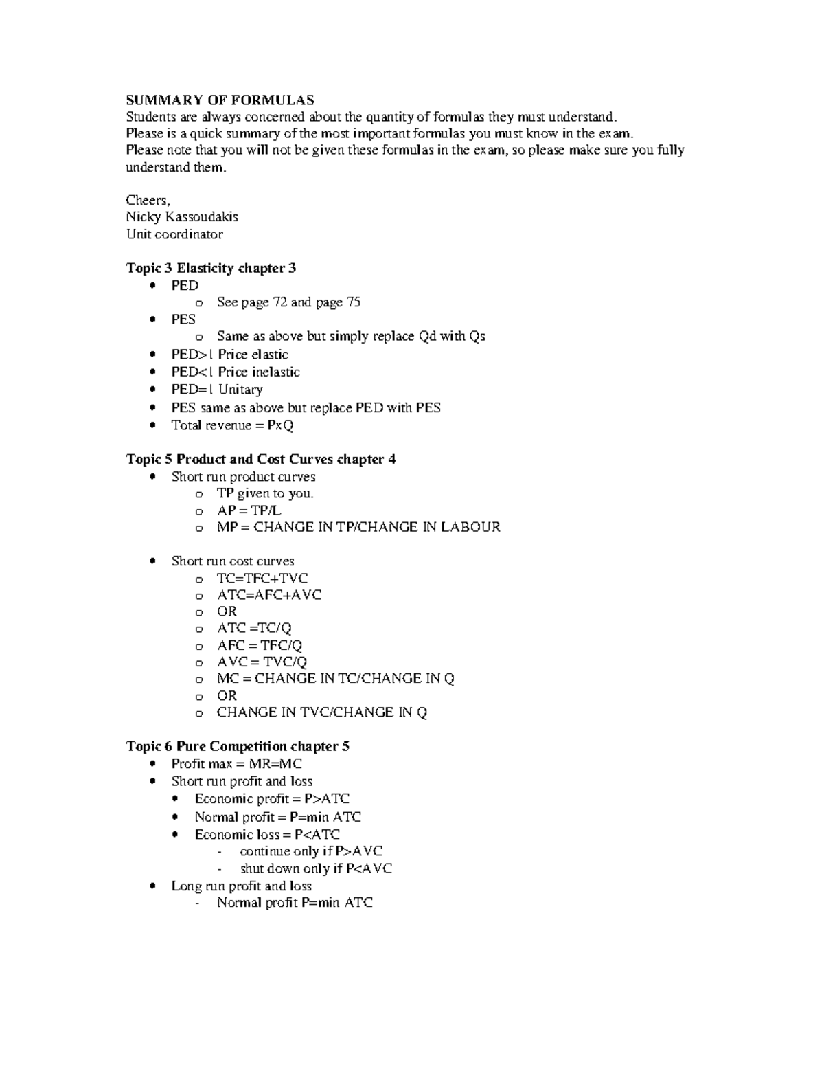 Summary - tutorial work, formulas - SUMMARY OF FORMULAS Students are ...