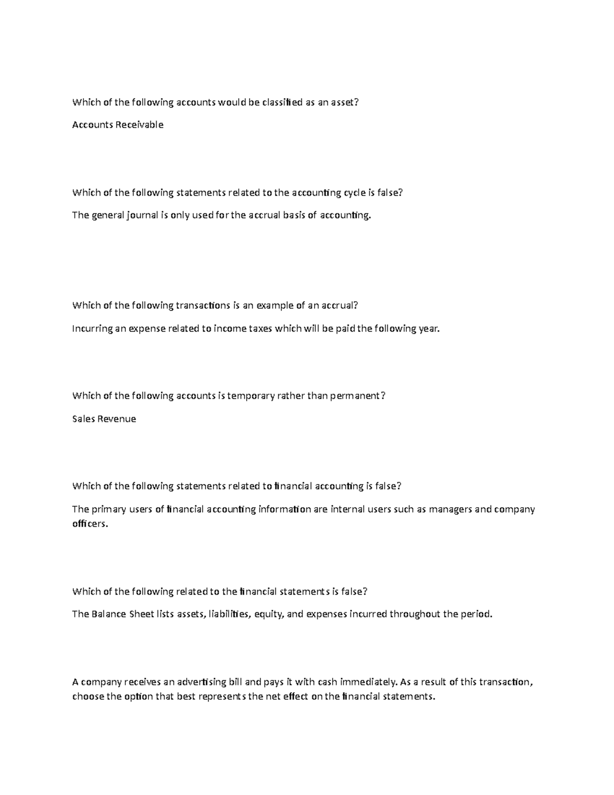 Accounting 200 document 10 - Which of the following accounts would be ...