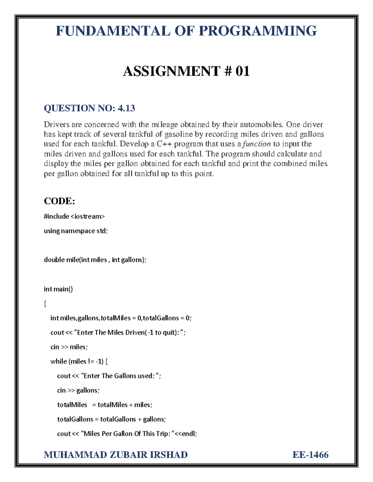 FOP - Basic of programming. - ASSIGNMENT # 01 QUESTION NO: 4. Drivers ...