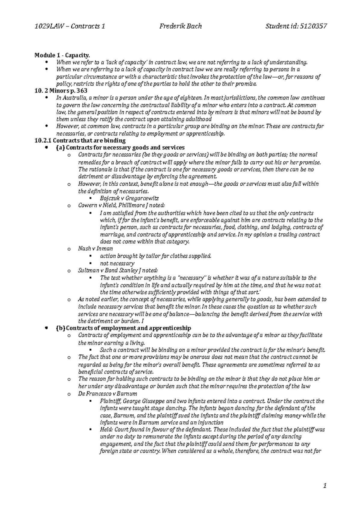 Contracts - Notes - Module 1 - Capacity. When we refer to a ‘lack of ...