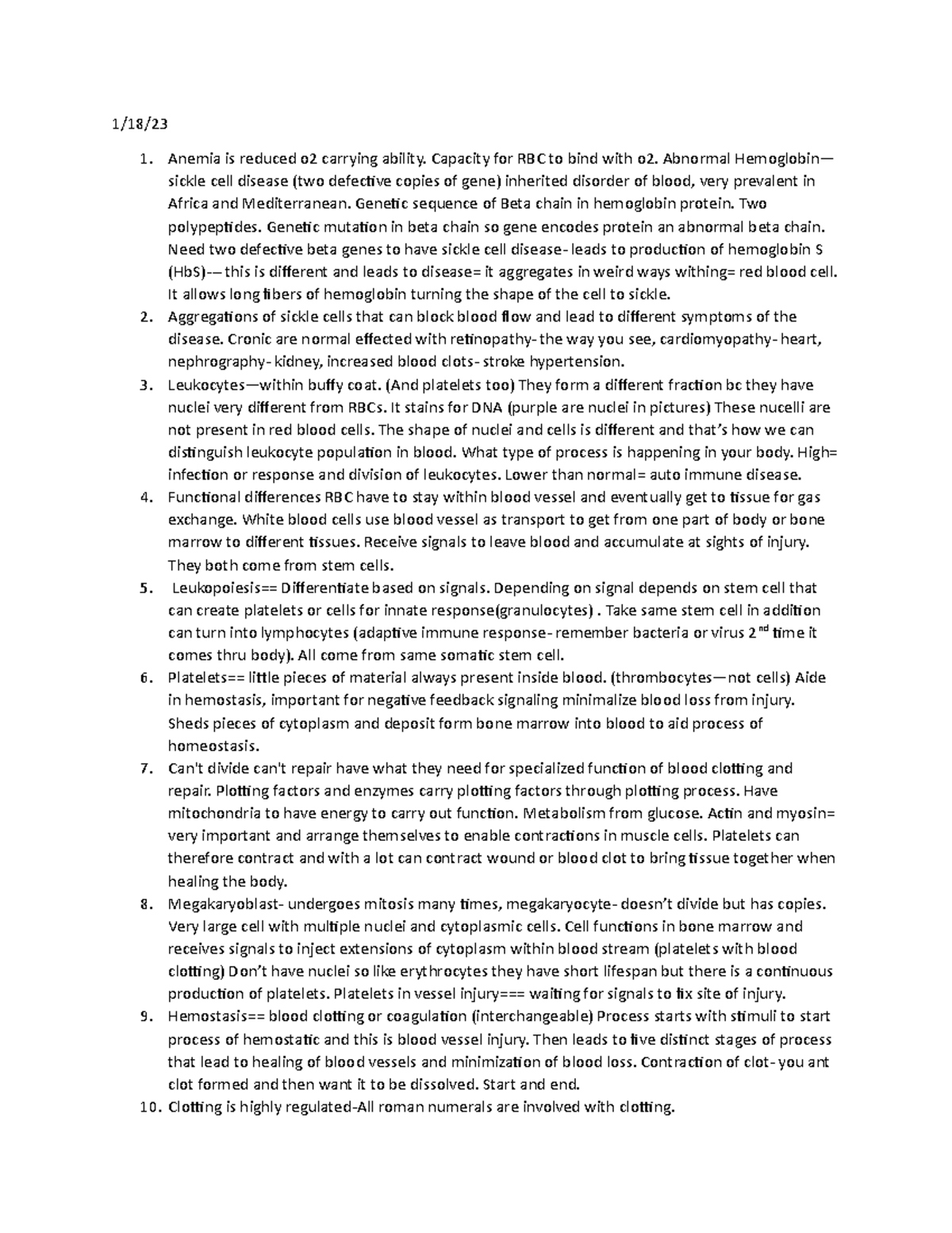 AP 1-18-23 - Heart and Red Blood Cell lecture notes - 1/18/ Anemia is ...