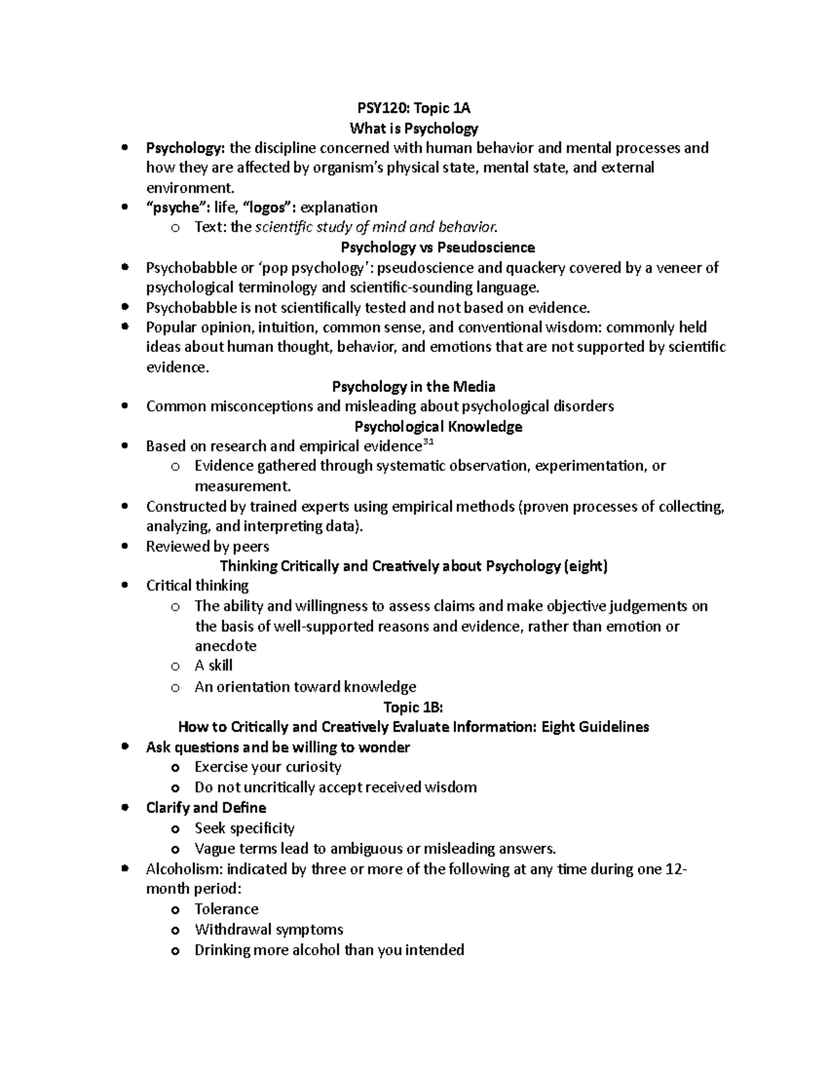 PSY120 Notes - PSY120: Topic 1A What Is Psychology Psychology: The ...