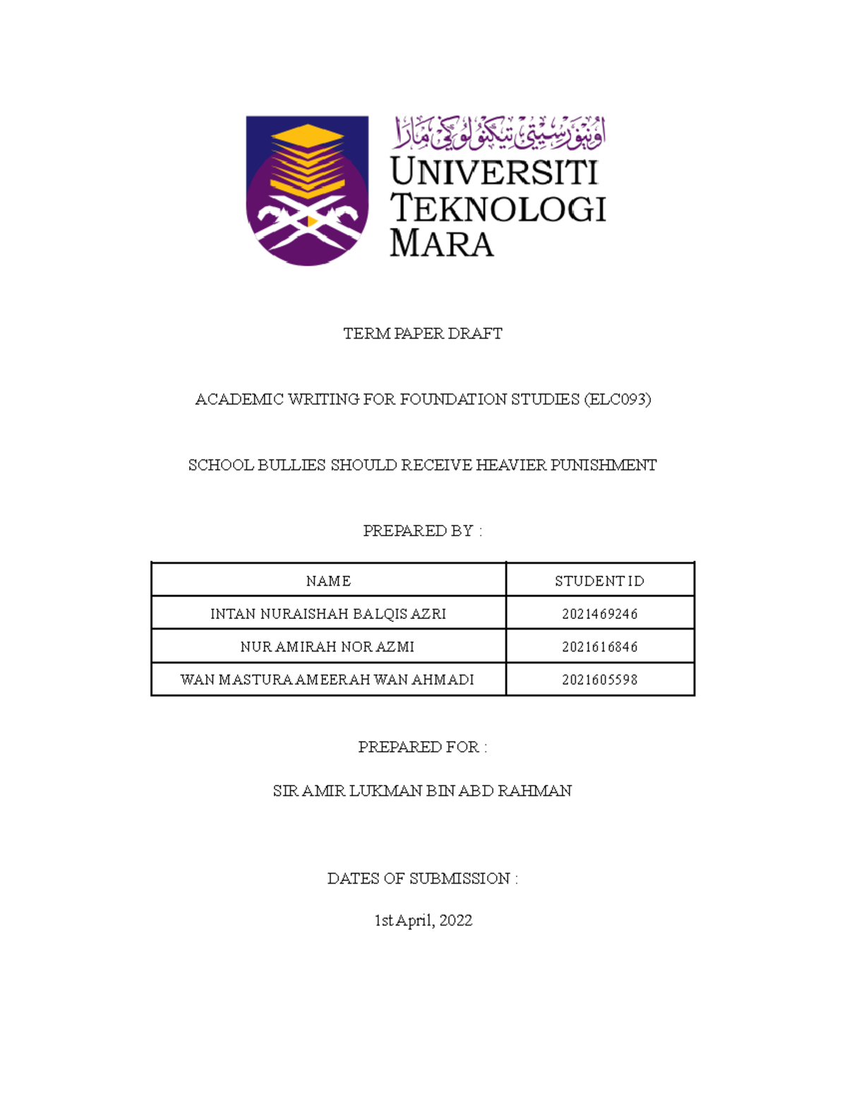 BULLYING IN SCHOOL - TERM PAPER DRAFT ACADEMIC WRITING FOR FOUNDATION ...