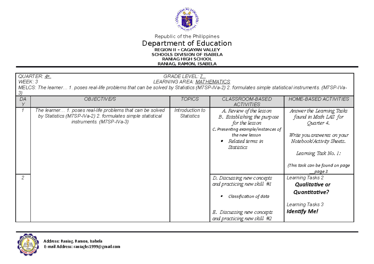 WHLP Q4 WEEK - NOTES - Republic of the Philippines Department of ...