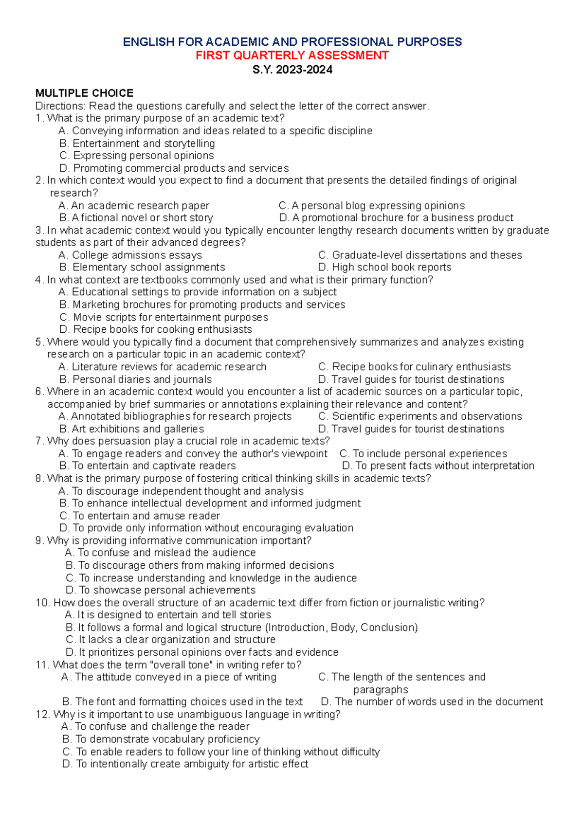 1Q EXAM EAPP - for compliance - ENGLISH FOR ACADEMIC AND PROFESSIONAL ...