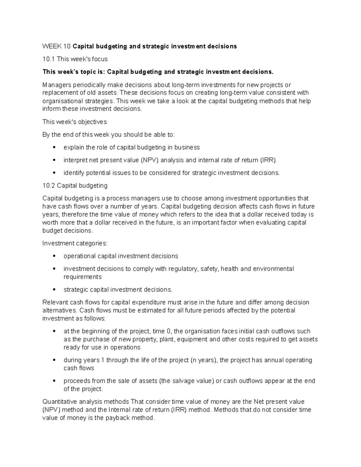 WEEK 10 Capital budgeting and strategic investment decisions - Managers ...