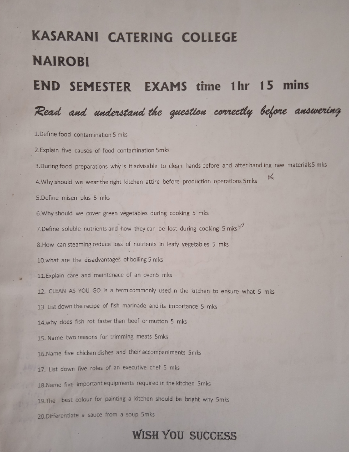 Catering End of Semester Exam questions - KASARANI CATERING COLLEGE ...