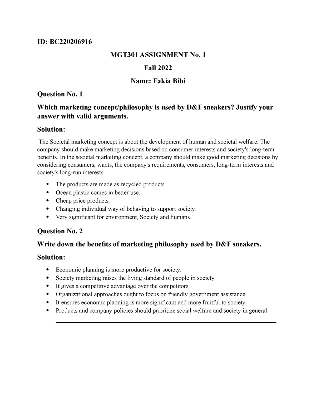 Assignment Mgt301 - ID: BC MGT301 ASSIGNMENT No. 1 Fall 2022 Name ...