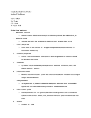Chapter 1 Worksheet Introduction to Criminal Justice Module 1