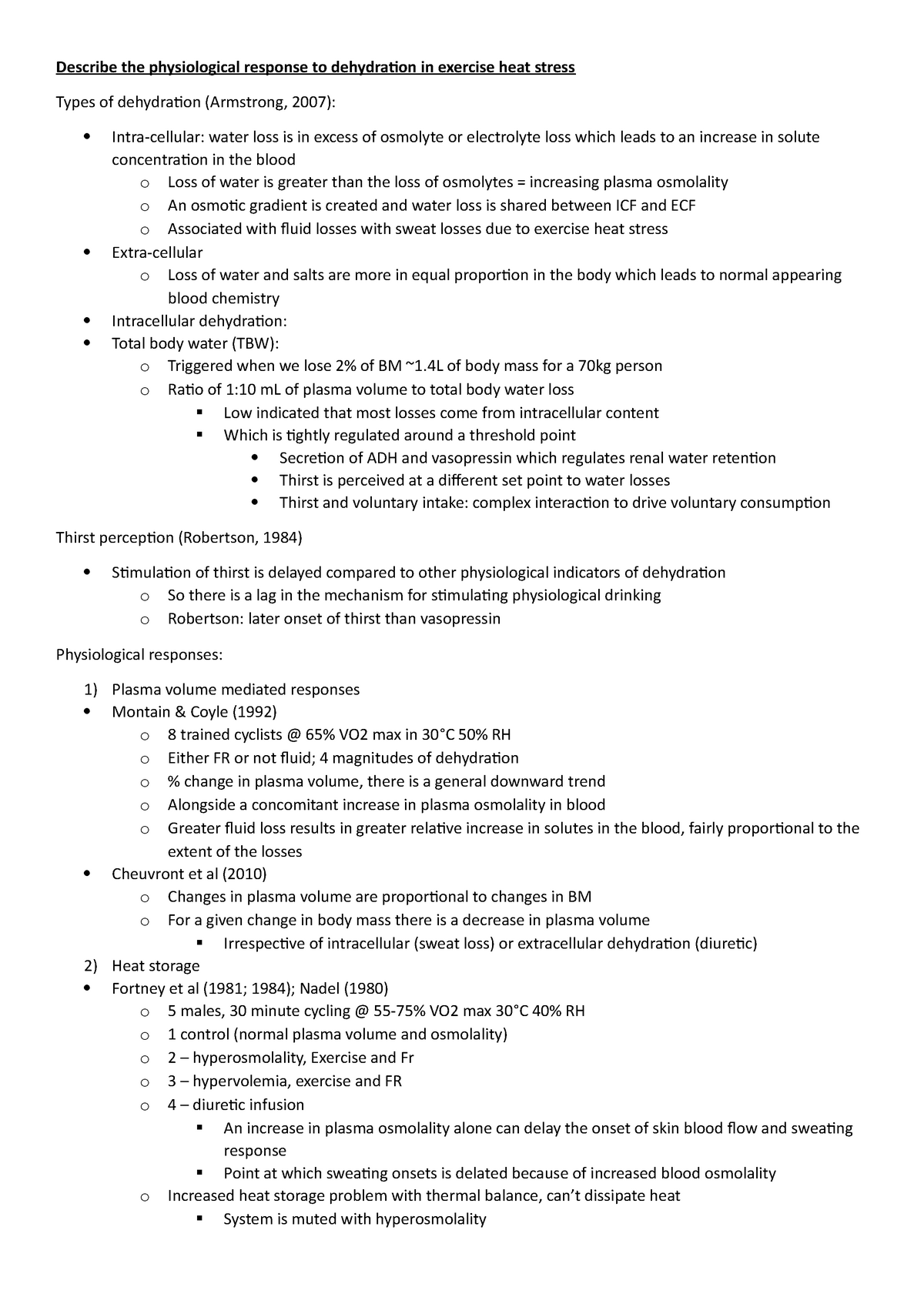 Hydration Physiological Responses - Describe the physiological response ...