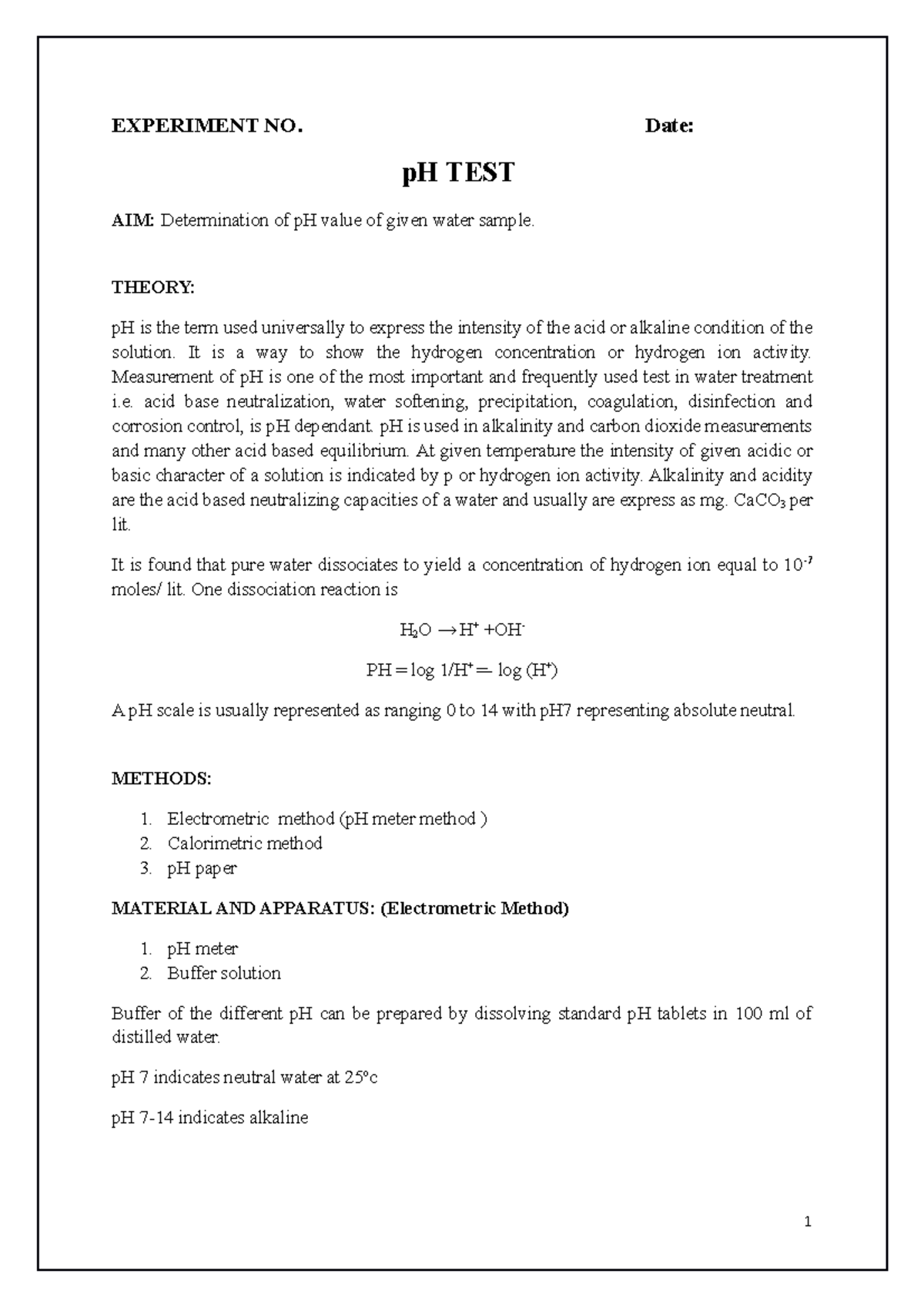 determination of ph of water sample experiment pdf