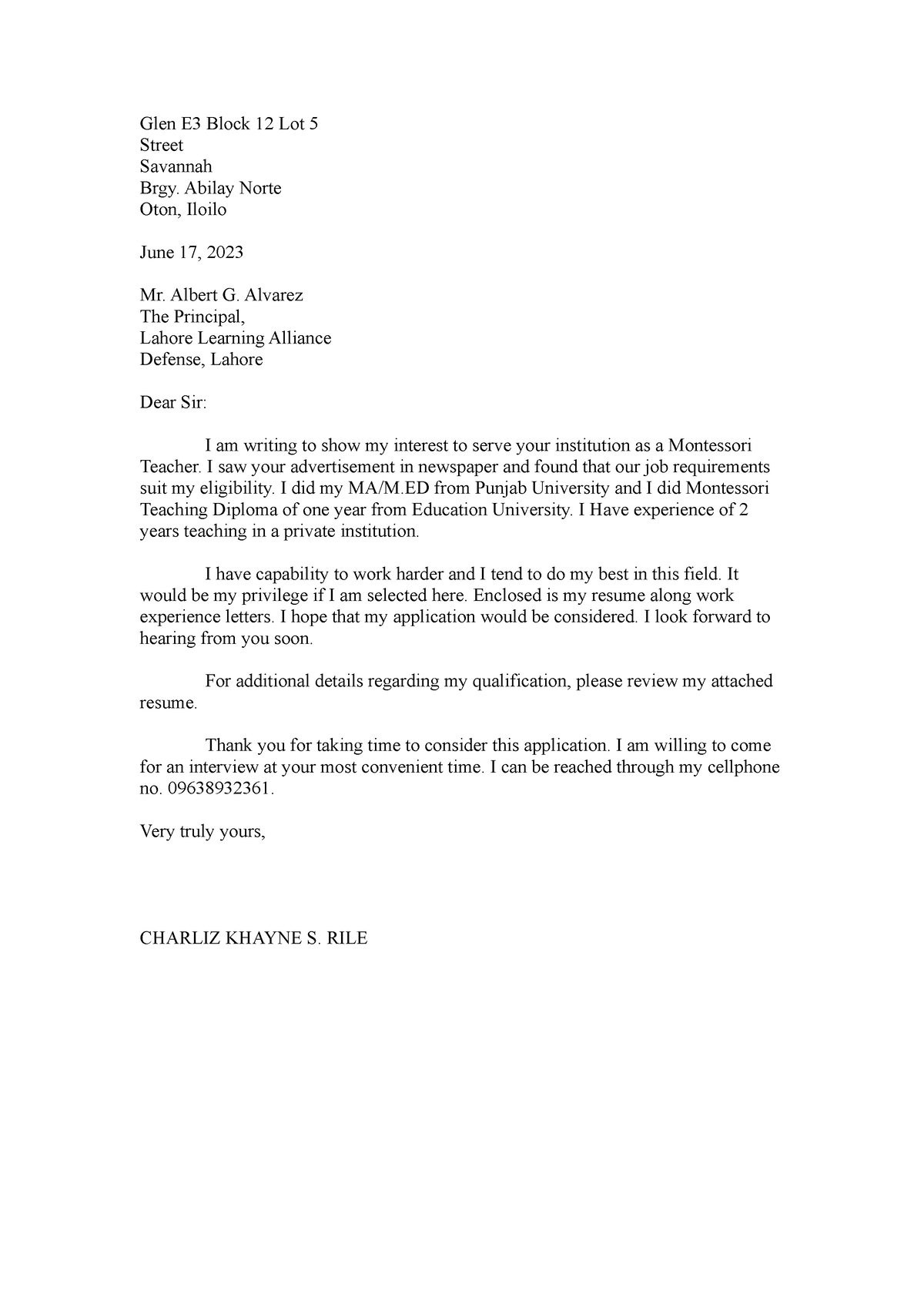 Application letter - Student - Glen E3 Block 12 Lot 5 Street Savannah ...