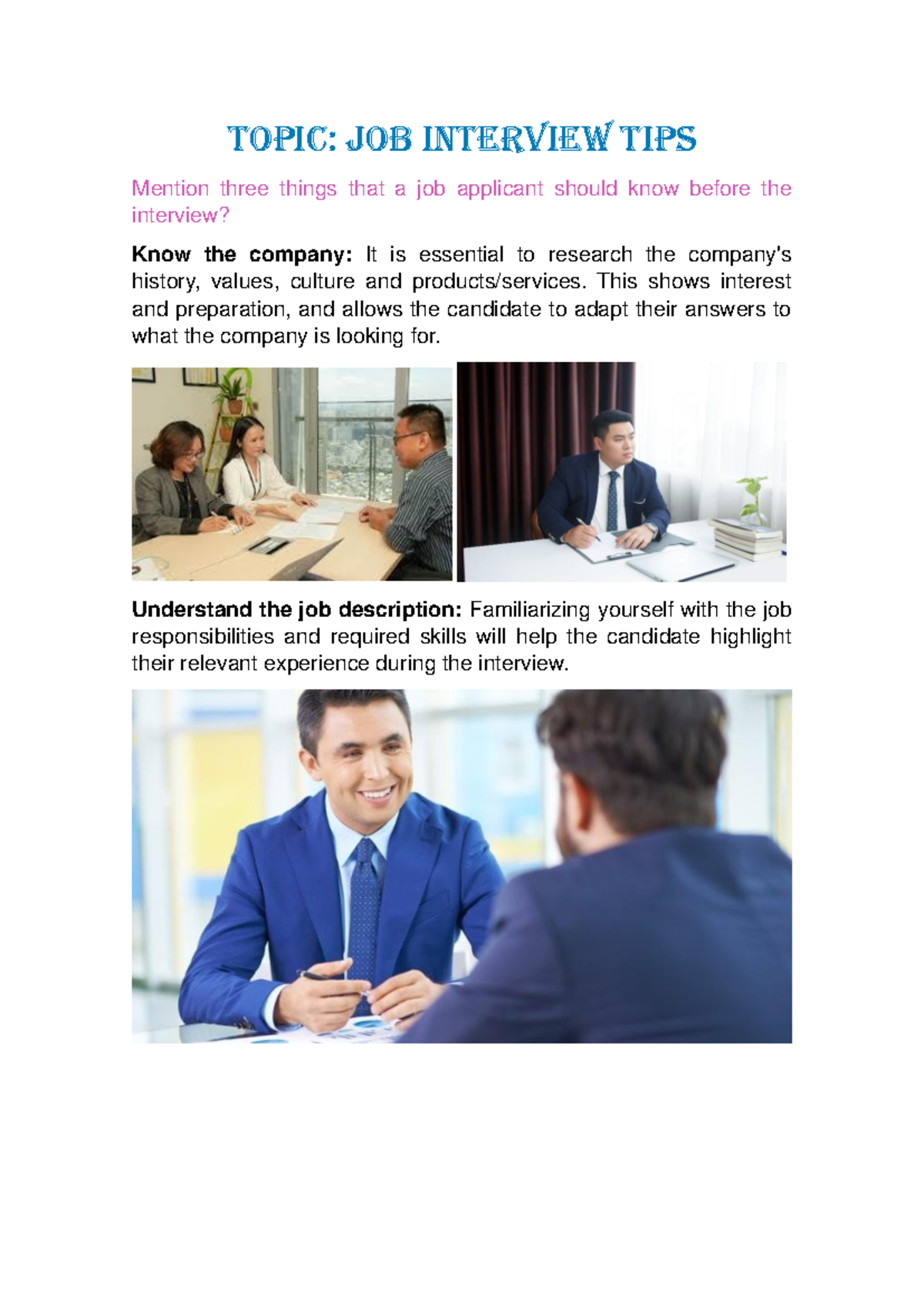 Trabajo DE Ingles - Mmmmmmm - Topic: Job interview tips Mention three ...