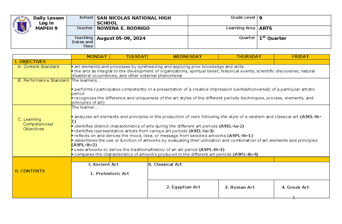 ARTS 9 Q1- WEEK1 - notes - 1 Daily Lesson Log in MAPEH 9 School SAN ...